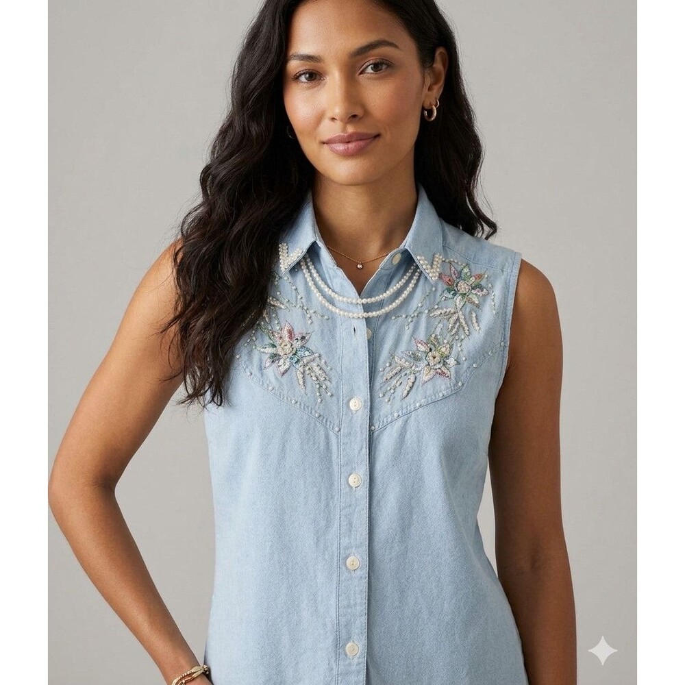 Jane Ashley Chambray Shirt L Floral Beaded Embroidered Y2K 90s Western Sleeveles - Picture 2 of 9